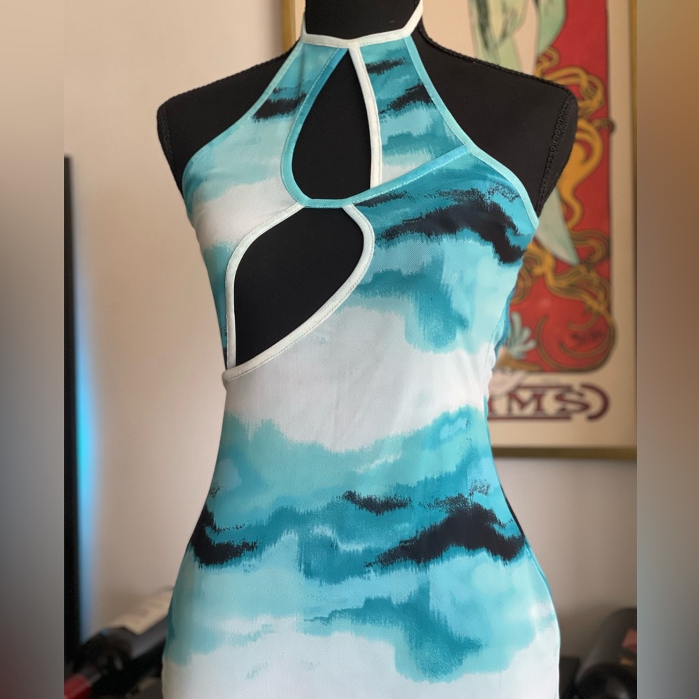 Forever 21 Aqua blue and white print halter tie dress Small